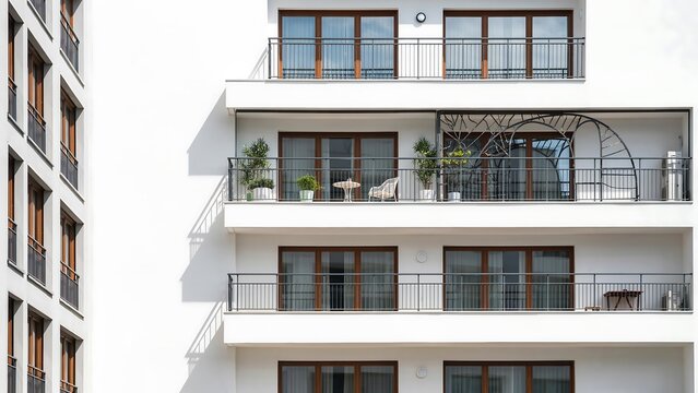 Modern white residential apartment building facade with balconies, glass windows, and potted plants