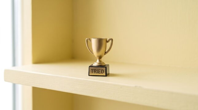 Small golden participation trophy with tried inscription on a yellow wooden shelf with copy space for motivation and effort concept
