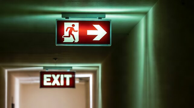 Illuminated emergency exit signboards with a running man pictogram and arrow pointing right in a dark hallway