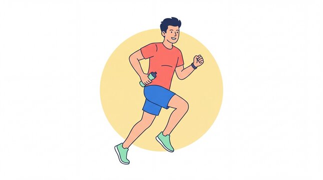 Young Man Running with Water Bottle Vector Illustration of Healthy Active Lifestyle