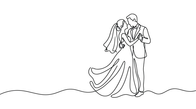 Continuous line drawing of bride and groom dancing on wedding day vector illustration