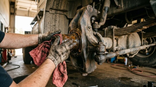 Mechanic wearing gloves cleaning and greasing a vehicle wheel hub in