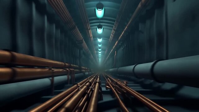 Industrial pipes extend through a utility tunnel beneath receding blue ceiling lights
