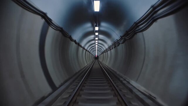 Railway tracks extend through an illuminated circular tunnel toward a distant signal