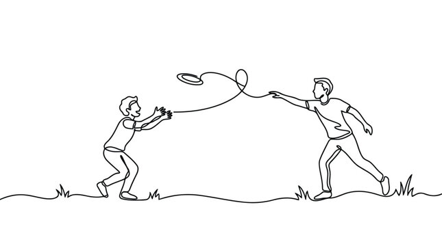Continuous line art of two people throwing frisbee outdoor