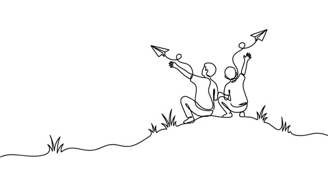 Continuous one line drawing of two boys throwing paper airplanes on a hill kids playing outdoors vector illustration