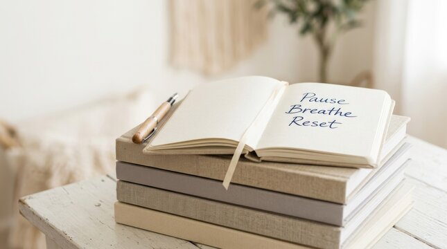 Open Mindfulness Notebook with Pause Breathe Reset Message and Pen on Stack of Journals in Cozy Interior