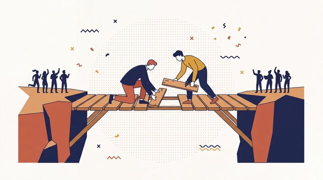 Business People Building Wooden Bridge Teamwork and Connection Concept