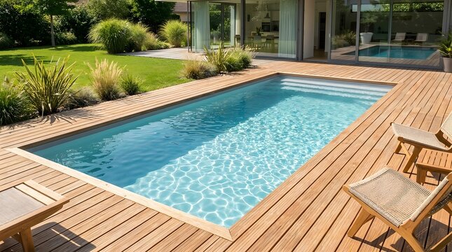 Modern swimming pool with wooden deck in a backyard