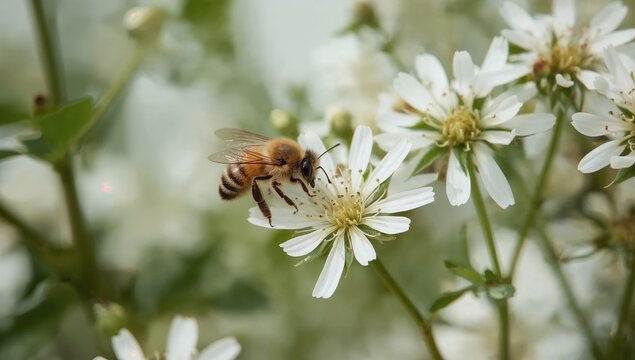 A bee lands on a white flower in a field, collecting nectar