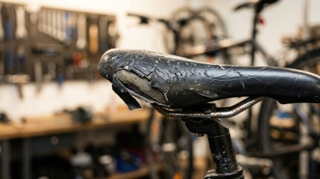 Closeup of Old Damaged Bicycle Saddle with Cracked Leather Cover and Exposed Foam in Bicycle Repair Workshop