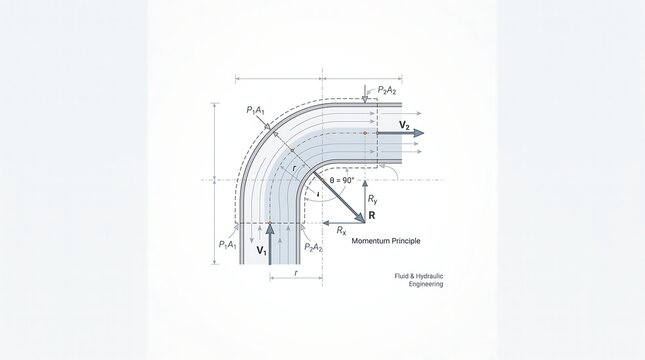 Momentum principle fluid and hydraulic engineering diagram showing forces in pipe bends