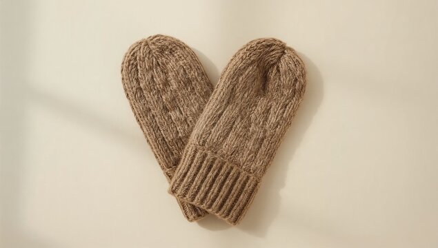 A pair of mittens resting on a table, possibly waiting to be used or stored