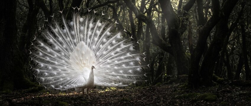 Albino Peacock Display in Enchanted Forest: An ethereal albino peacock stands regally, its magnificent white plumage fanned out in a breathtaking display amidst the mystical shadows of an ancient.