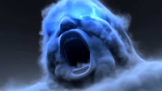 Bluelit human face holds mouth wide open amid mist against a dark background