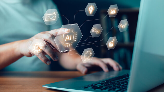 Man touching futuristic AI processor interface on laptop, representing artificial intelligence technology, smart automation, content creation, and digital machine learning solutions.