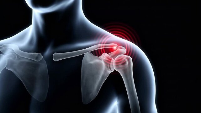 3D medical illustration of shoulder joint pain and inflammation showing the human skeletal anatomy with red glowing pulses on a dark background