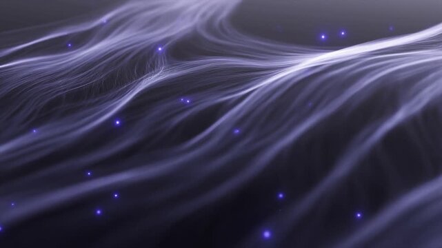 Luminous violet strands curve across a dark abstract field with scattered glowing points
