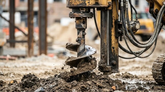 Heavy Duty Hydraulic Auger Drilling Into Rocky Soil at Construction Site During Industrial Foundation Excavation Work