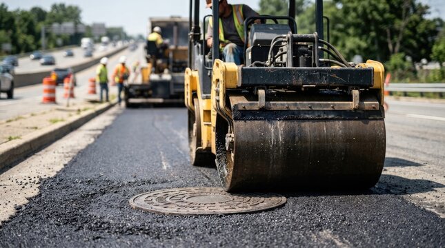 Heavy Road Roller Compacting Fresh Black Asphalt During Highway Resurfacing and Road Construction Work