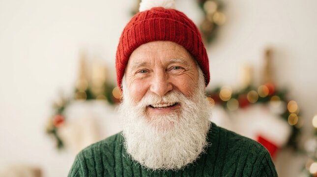 Cheerful Elderly Man with White Beard Wearing Red Knitted Winter Hat Smiling in Festive Home Interior