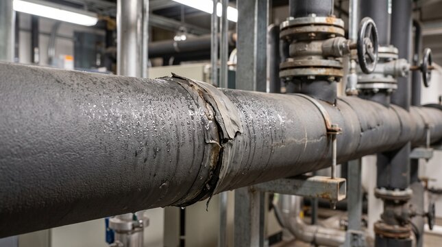 Industrial water pipe insulation damaged in mechanical room.