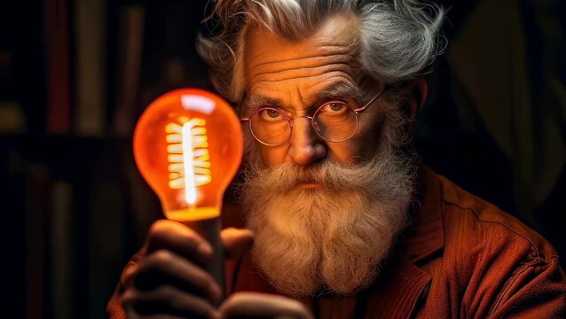 Scientist with beard holding glowing lightbulb. Senior inventor examining vintage lamp. Concept of innovation, knowledge and discovery in mysterious laboratory setting.
