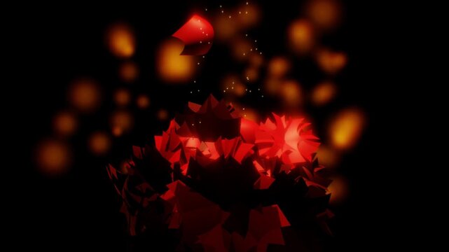 Geometric red crystal flower shapes float and scatter glowing petals against a dark defocused background in a 3D motion animation