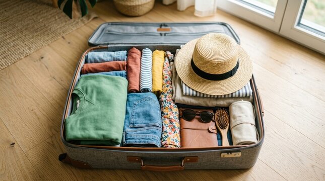 Open Travel Suitcase Neatly Packed with Colorful Clothes and Summer Accessories for Vacation