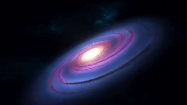 Spiral galaxy glows around a bright core, its curved arms set against dark space