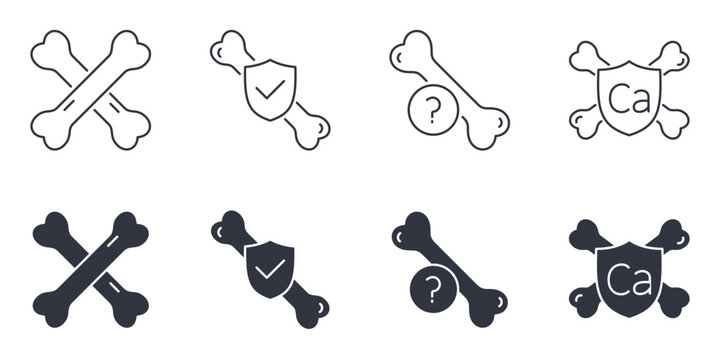 Bone health vector icons. Editable stroke line and black solid set. Calcium deficiency, bone strength, skeletal protection and osteoporosis prevention symbols for medical care, orthopedic healthcare.