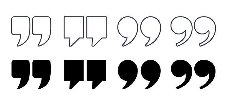 Quotation marks vector icons. Editable stroke line and black solid set. Different double quote symbols, comma shapes and speech punctuation signs for citation text typography blog and graphic design