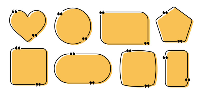 Quote frame vector set. Yellow text boxes with quotation marks in different geometric shapes. Decorative speech bubbles, testimonial borders and message templates for blog, infographic graphic design