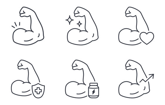 Muscle strength vector line icons. Editable stroke set of flexed biceps with symbols of power health protection nutrition and muscle growth. Fitness bodybuilding workout physical training concepts.