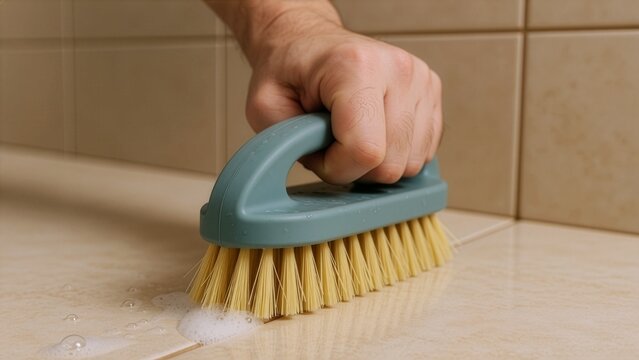 Close-up of a hand scrubbing beige ceramic floor tiles with a blue plastic brush and soap foam. Concept of domestic chores, home maintenance, deep cleaning service, hygiene and bathroom care.