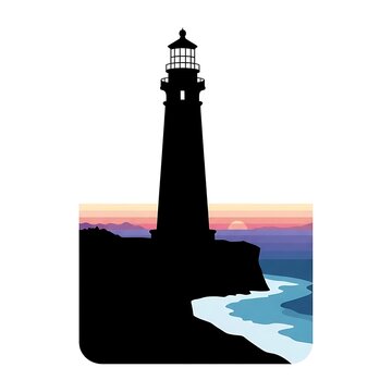 Lighthouse silhouette on a coastal cliff at sunset illustration