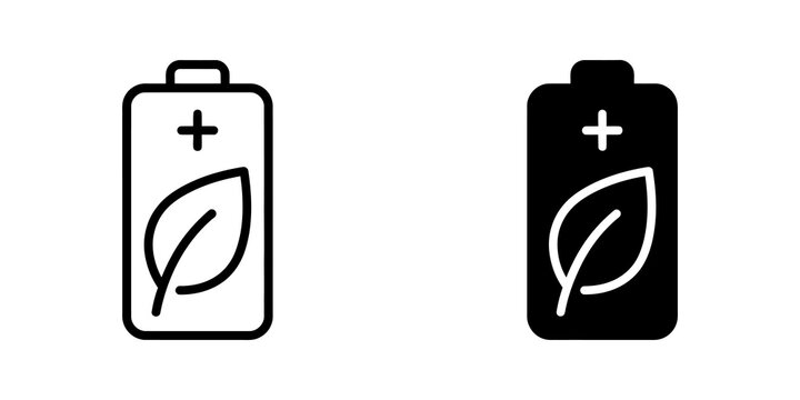 Eco friendly battery icon with leaf symbol and plus sign.
