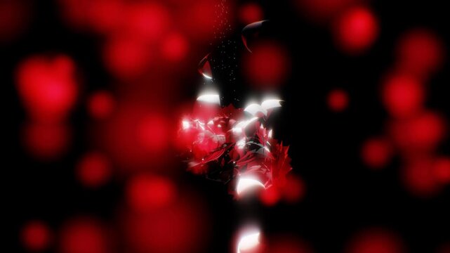 Abstract red geometric cluster floats with shining specular highlights and rising spark particles against a dark 3D background