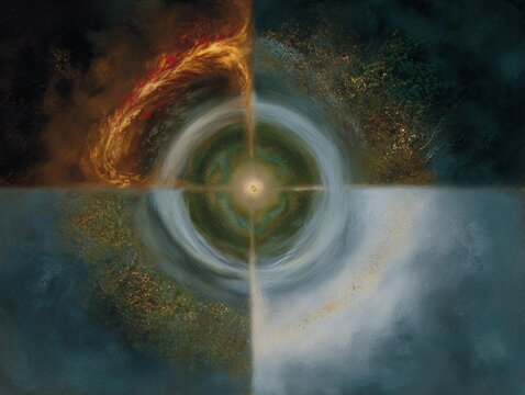 Circular elemental mandala representing fire water earth and air for shamanism spiritual background and ritual poster design