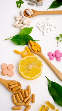 Various tablets and capsules, supplements and vitamins. Selective focus.