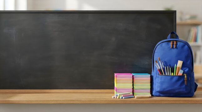 Blue backpack with school supplies and books on a wooden desk in front of a large black chalkboard