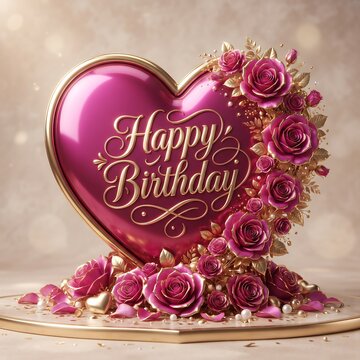A beautiful glossy heart shaped birthday greeting card featuring vibrant pink roses and elegant golden leaves set against a soft blurred background