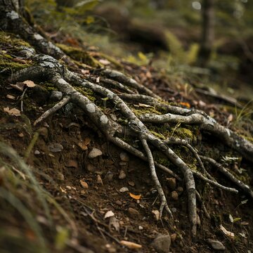 Close up of thick tree roots growing over a dark soil bank covered in patches of green moss and scattered dry autumn leaves in a forest