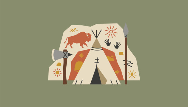 Artistic illustration portraying a native american teepee surrounded by indigenous symbols, including an axe, a spear, and a bison drawing.