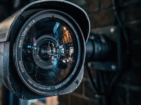 Security Camera Lens Watching a City Street at Night