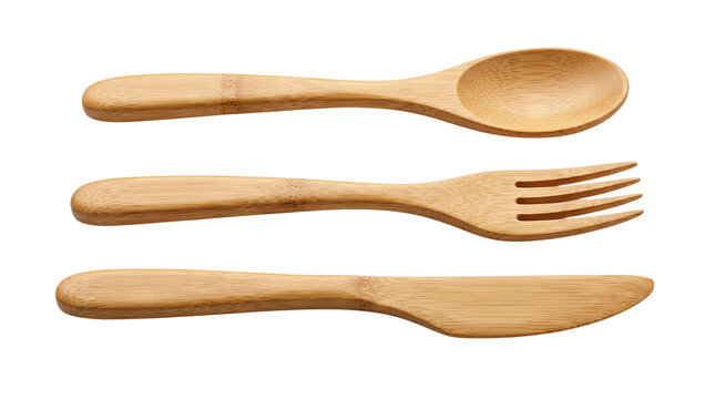 Sustainable bamboo cutlery set, eco-friendly wooden spoon fork and knife, reusable natural wood utensils for zero waste dining isolated PNG with Transparent Background