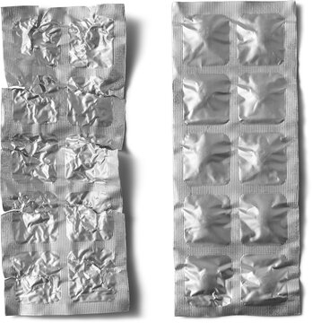 empty and full silver pill blister packs isolated white background, crushed and intact metallic foil medicine packaging, top view in close-up view