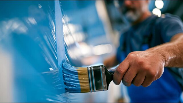 A painter applies blue paint to an interior wall with a wide brush, illustrating home renovation, decorating and careful surface finishing