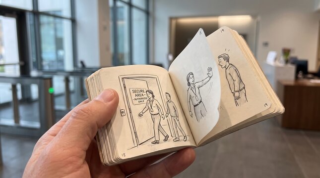 A flipbook depicts an employee preventing an unauthorized person from tailgating into a secure office area, promoting security awareness.