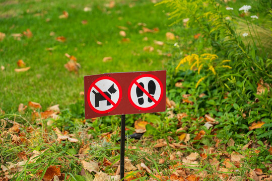 Red prohibition sign in green park indicates that dogs and pedestrians are not allowed in designated area. Fallen autumn leaves and lush vegetation create seasonal outdoor setting